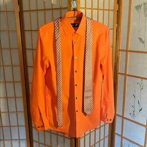 JF J.Ferrar Bright Orange Dress Shirt with Tie